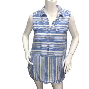 C&C California Size Medium Shirt Dress Sleeveless 100% Linen Blue White Crinkle